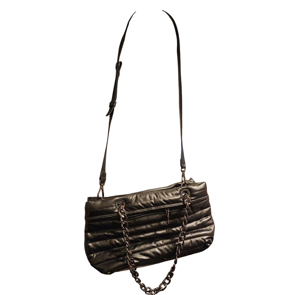 Think Royln Faux Vegan Quilted Shoulder Chain Black Convertible Crossbody Purse